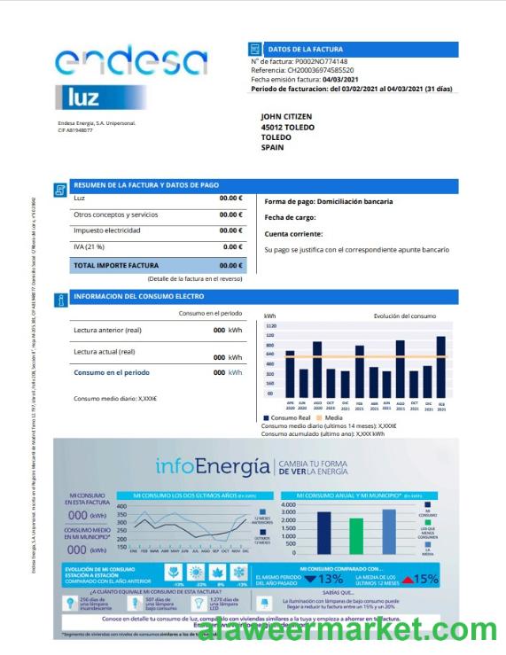 Spain Endesa luz utility bill template in Word and PDF format